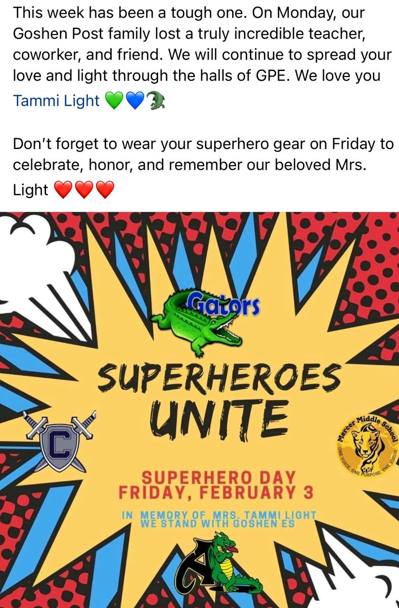 Don’t forget to wear your superhero gear Friday as we honor our very own superior, Mrs. Light 💚💙🐊 <a href="/GoshenPostES/">Goshen Post ES</a> #GoGPGators