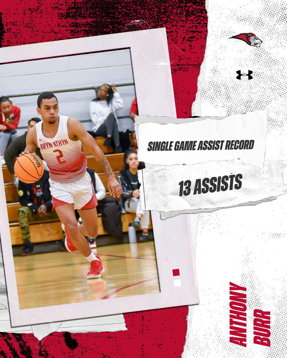 BrynAthynMBB's tweet photo. A night of records for senior point guard @anthonyburr2 •

He became the program’s all time leader in assists on his fourth assist of the night passing former Lion, Deion Boyer. He went on to set the single game record with 13 in the 113-72 win #OnTheHunt #D3Hoops https://t.co/rnZvHinFVK