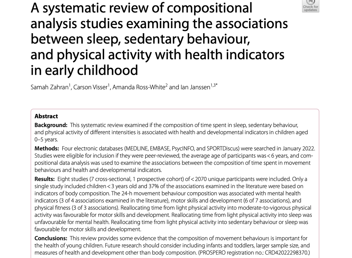 NEW PAPER 2-1: Zahran et al: Systematic review of compositional analysis studies examining associations between sleep, sedentary behaviour and physical activity with health indicators in early childhood

Read open access @: jassb.biomedcentral.com/articles

<a href="/carsonvisser/">Carson</a> <a href="/AmandaRossWhite/">Amanda Ross-White</a>