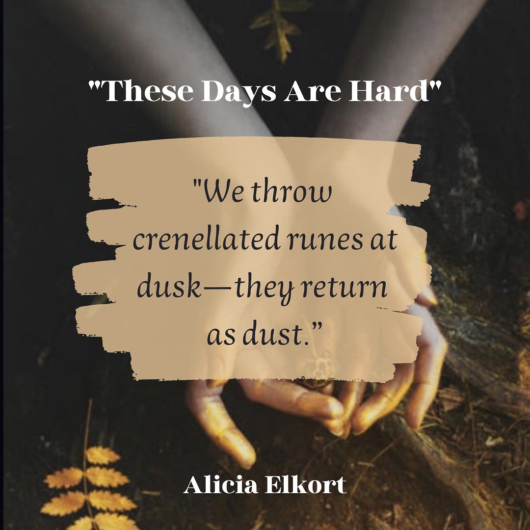 GingerbreadMag's tweet image. “We throw crenellated runes at dusk—they return as dust.”
Alicia Elkort’s “These Days Are Hard” appears in our final issue. Art by Natalia Drepina.