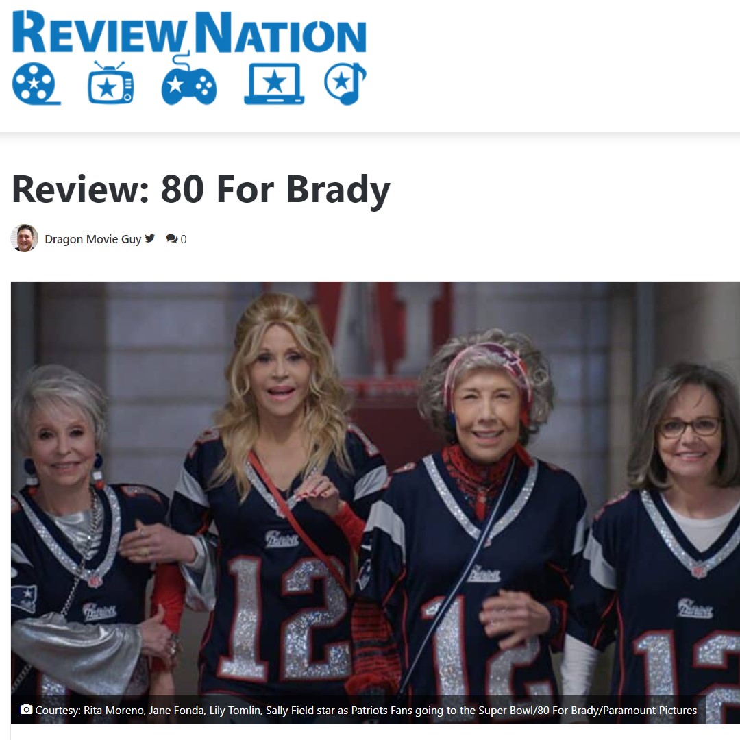 dragonmovieguy's tweet photo. My #written #moviereview for #80ForBrady is now out on #ReviewNation!
#80ForBradyMovie follows characters played by #JaneFonda #SallyField #LilyTomlin and #RitaMoreno watch #NewEnglandPatriots Quarterback #TomBrady in the #SuperBowl, #SuperBowl51. https://t.co/dkdiIhY44t