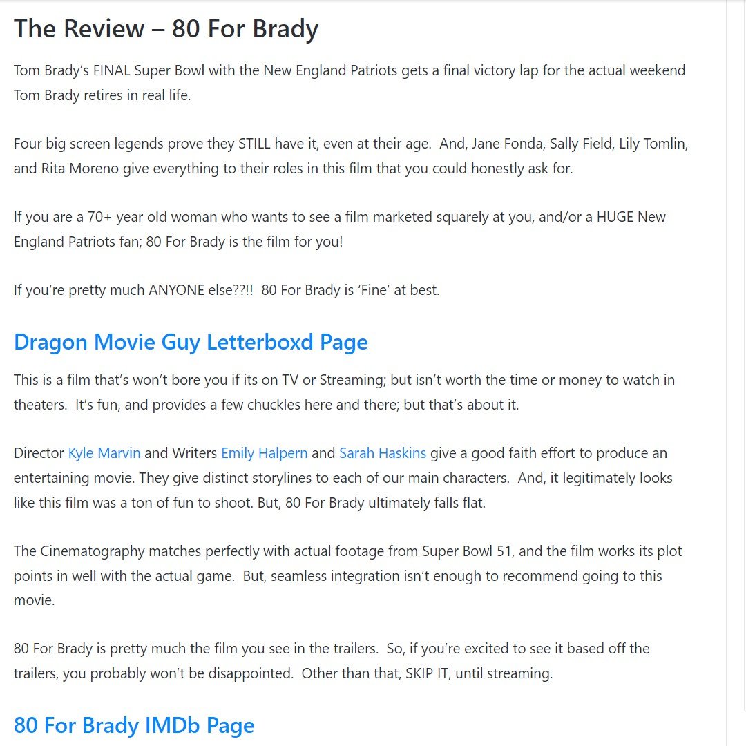 dragonmovieguy's tweet photo. My #written #moviereview for #80ForBrady is now out on #ReviewNation!
#80ForBradyMovie follows characters played by #JaneFonda #SallyField #LilyTomlin and #RitaMoreno watch #NewEnglandPatriots Quarterback #TomBrady in the #SuperBowl, #SuperBowl51. https://t.co/dkdiIhY44t