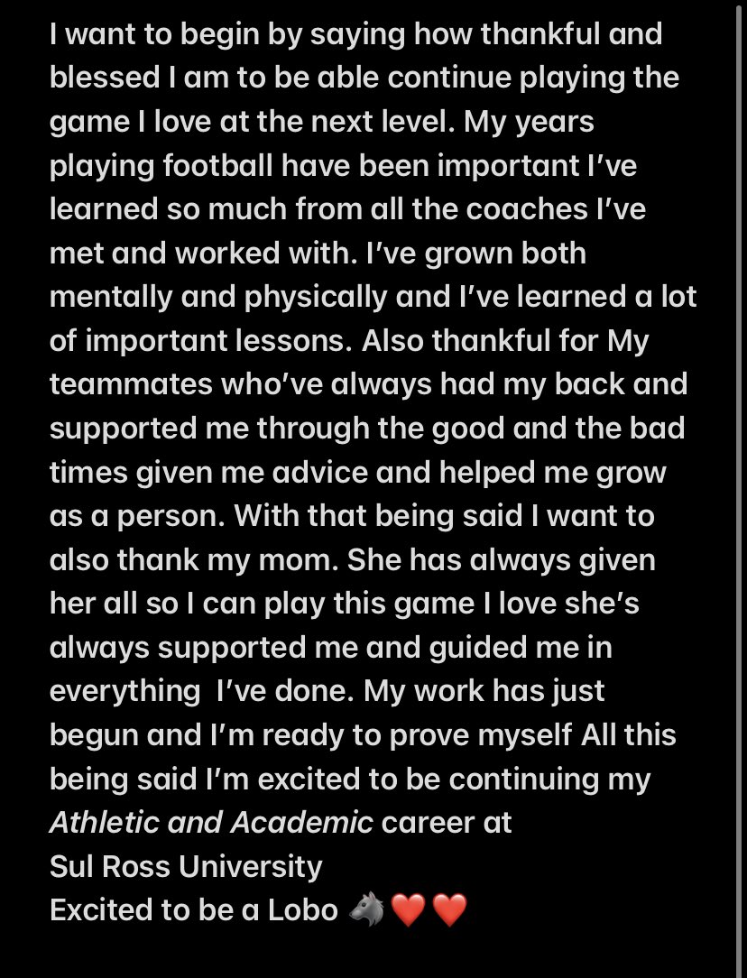 After lots of talking and a great vist I’m excited to be furthering my Academic And Athletic Career <a href="/SRSUFootball/">Sul Ross Football</a> Thankful for the opportunity to compete at the next level 
Ready To hit the ground running and Join The Lobo Family 🐺❤️ <a href="/Coach_Clegg/">Coach Keafer Clegg</a> 💯💯💯