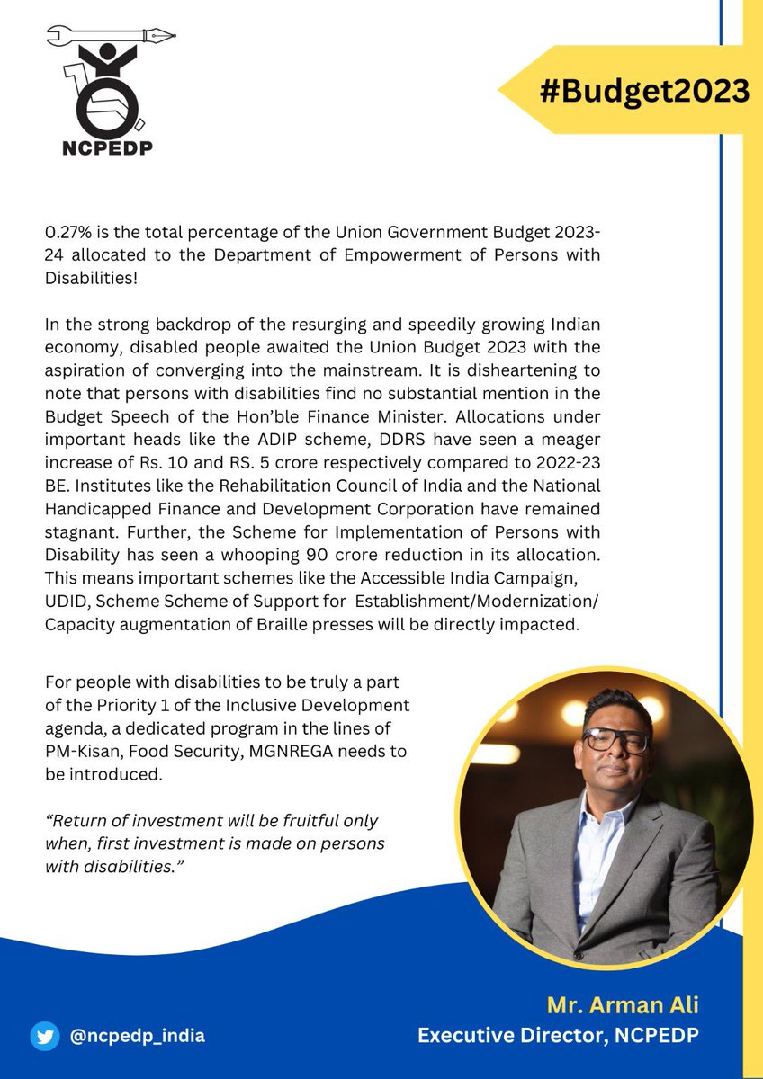 We truly wish the #Budget 2023, which otherwise is so progressive, could have taken note of the compelling concerns of the disability sector.

We're expecting something to accelerate the pace of wholesome empowerment of disabled people. 

<a href="/FinMinIndia/">Ministry of Finance</a> #Budget