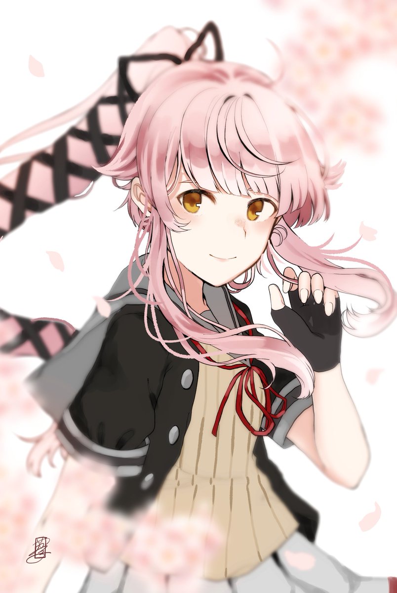 yura (kancolle) 1girl solo long hair grey sailor collar pink hair gloves black gloves  illustration images