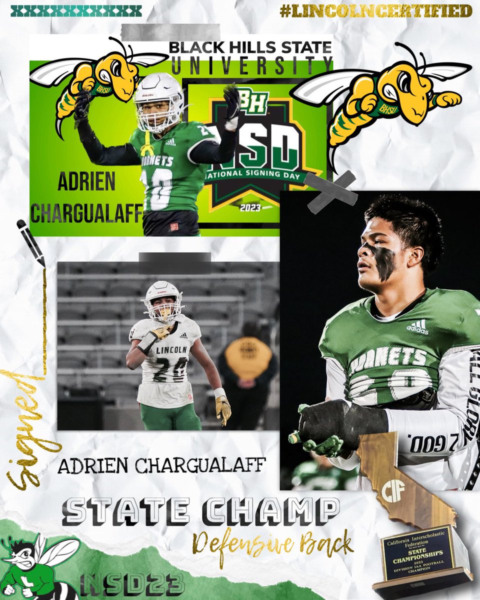 Congrats to 23’ DB Adrien Chargualaff (<a href="/Adrien_671/">Adrien Chargualaf</a>) on committing to Black Hills State University (<a href="/BHSUFB/">BHSU Football</a>)
#LincolnCertified 🍀 #RepTheHive
#NSD23 🖊️ #𝐓𝐇𝐄𝐅𝐀𝐂𝐓𝐎𝐑𝐘