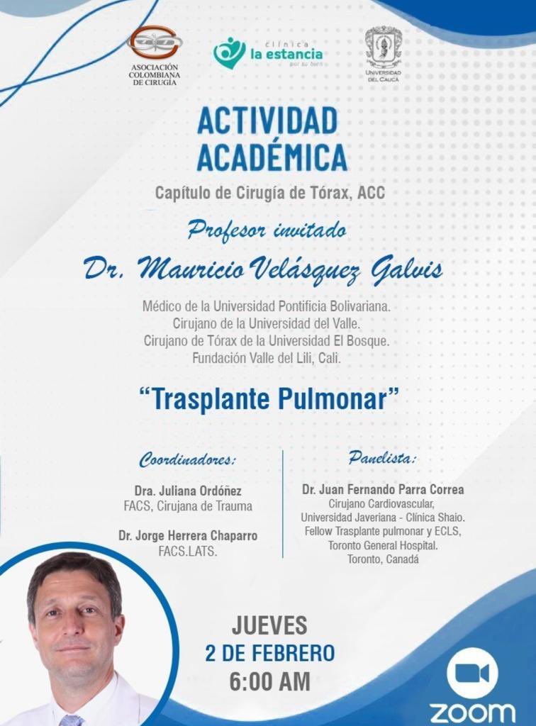 AsColCirugía (@ascolcirugia) on Twitter photo Cordialmente invitados a actividad académica de este jueves 2 de febrero 2023.
Hora 6:00 am 🇨🇴
Tema: *Trasplante pulmonar"
Link⬇️
us02web.zoom.us/j/81067616103?…
Código de acceso: 549169
#SoMe4Surgery #MedTwitter <a href="/julianita206/">Juliana Maria Ordoñez MD FACS MACC MSPT</a> <a href="/revcolcirugia/">Revista Colombiana de Cirugia</a> <a href="/me4_so/">SoMe4Surgery</a> <a href="/iq_me4/">SoMe4IQLatAm</a> @Cirbosque <a href="/Me4Trauma/">SoMe4Trauma</a> Cordialmente invitados a actividad académica de este jueves 2 de febrero 2023.
Hora 6:00 am 🇨🇴
Tema: *Trasplante pulmonar"
Link⬇️
us02web.zoom.us/j/81067616103?…
Código de acceso: 549169
#SoMe4Surgery #MedTwitter <a href="/julianita206/">Juliana Maria Ordoñez MD FACS MACC MSPT</a> <a href="/revcolcirugia/">Revista Colombiana de Cirugia</a> <a href="/me4_so/">SoMe4Surgery</a> <a href="/iq_me4/">SoMe4IQLatAm</a> @Cirbosque <a href="/Me4Trauma/">SoMe4Trauma</a>