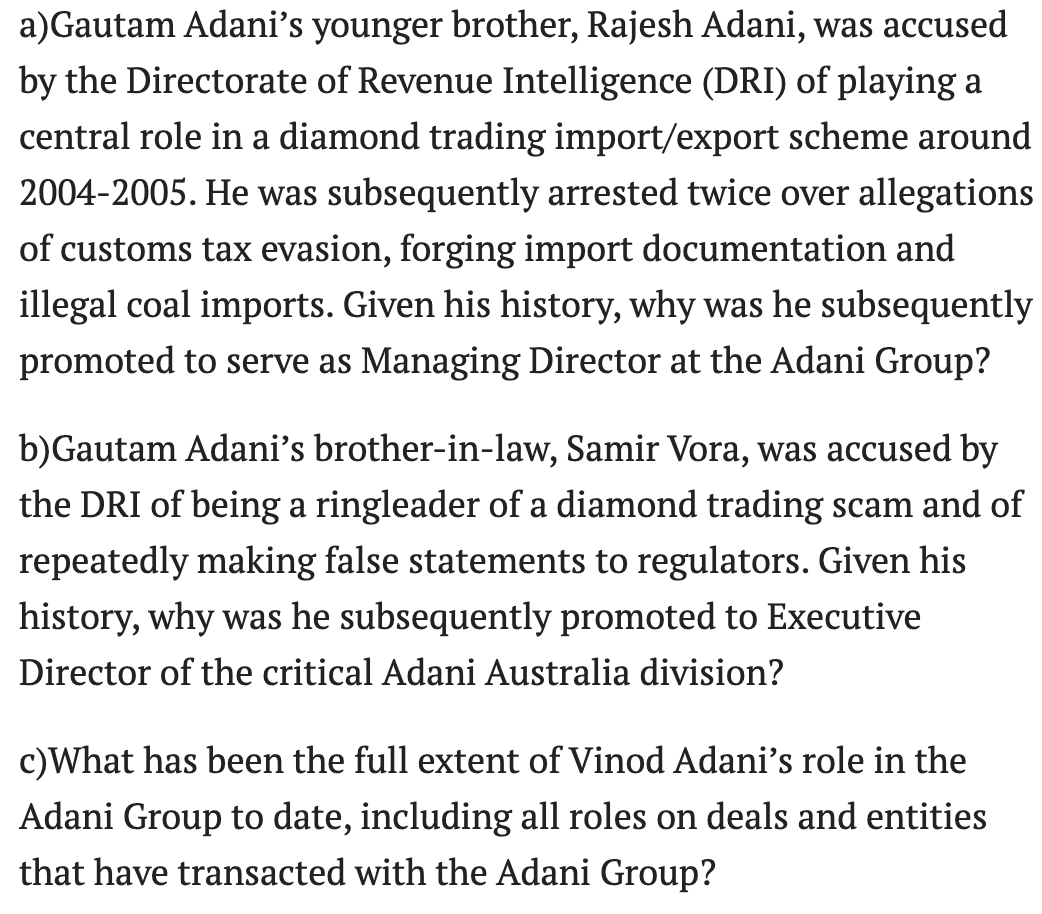 protosphinx's tweet photo. I'll get a lot of flak for this but let me ask

What Fraud did Adani commit ?

-family members board members is not fraud
-family members shareholders is not fraud
-cross shareholding is not fraud 
-CFOs changed is not fraud 
-small auditor is not fraud https://t.co/kZ58yCHUoN