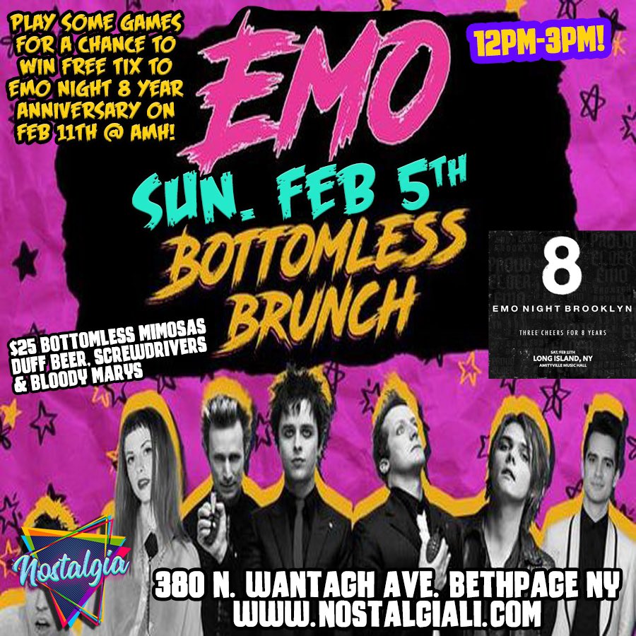 Don't miss out on the EMO BOTTOMLESS BRUNCH this SUNDAY at <a href="/NostalgiaBarLI/">Nostalgia</a>! Your fav emo songs, music videos, themed drinks &amp; food! Play games for a chance to win tix to <a href="/EmoNight_BK/">Emo Night Brooklyn</a> on Feb 11th at @AmityvilleMH! 12PM-3PM! DM @nostalgiabarli to make your reservation for brunch!