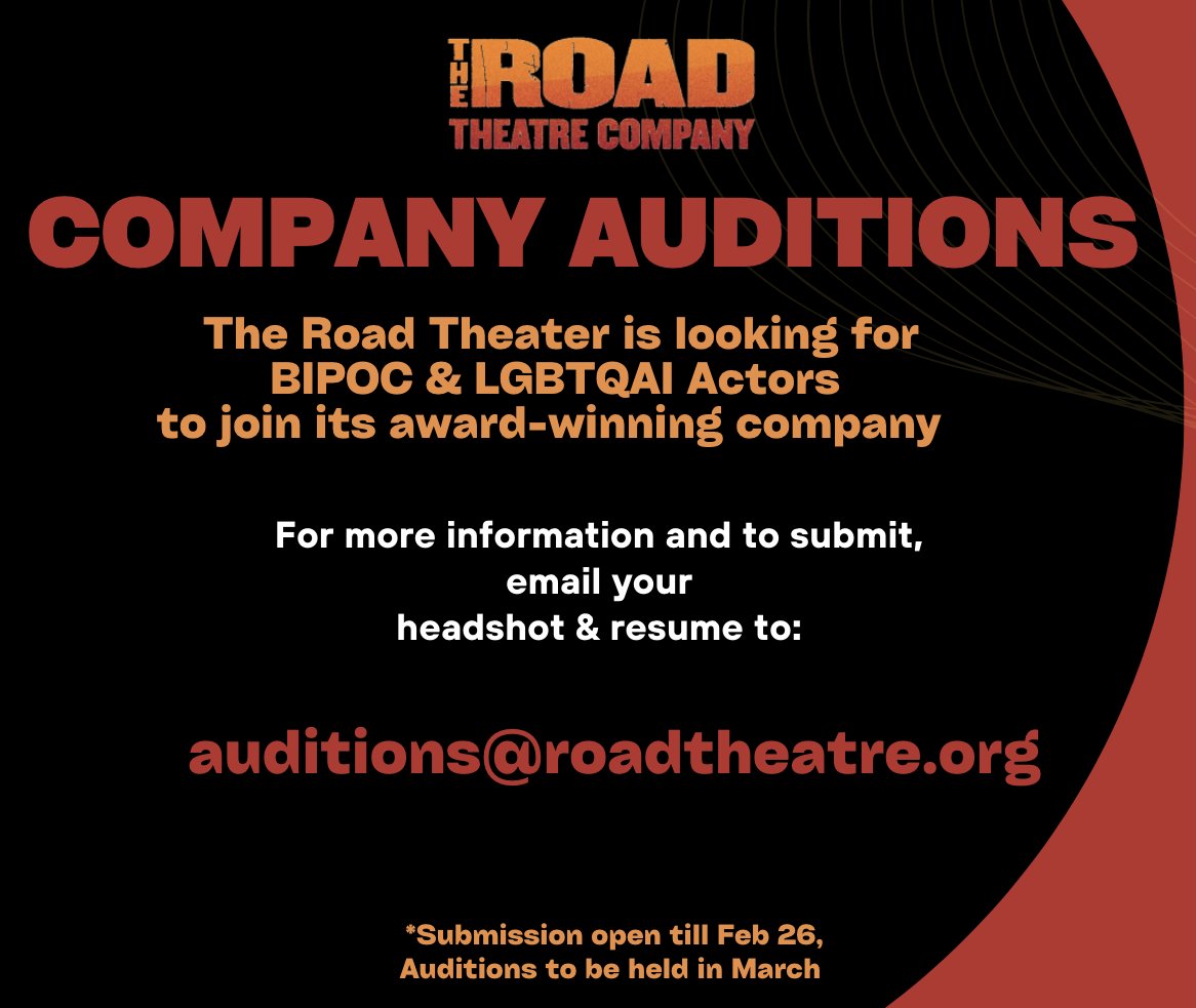 roadtheatre's tweet photo. Have you heard? Submissions are open for company auditions!
Send your headshots and res to auditions@roadtheatre.org by Feb 26th !
💪🎭
.
.
.
#roadtheatrecompany #roadtheatre #audtion #auditions #actorslife https://t.co/H8VCoXGOTx