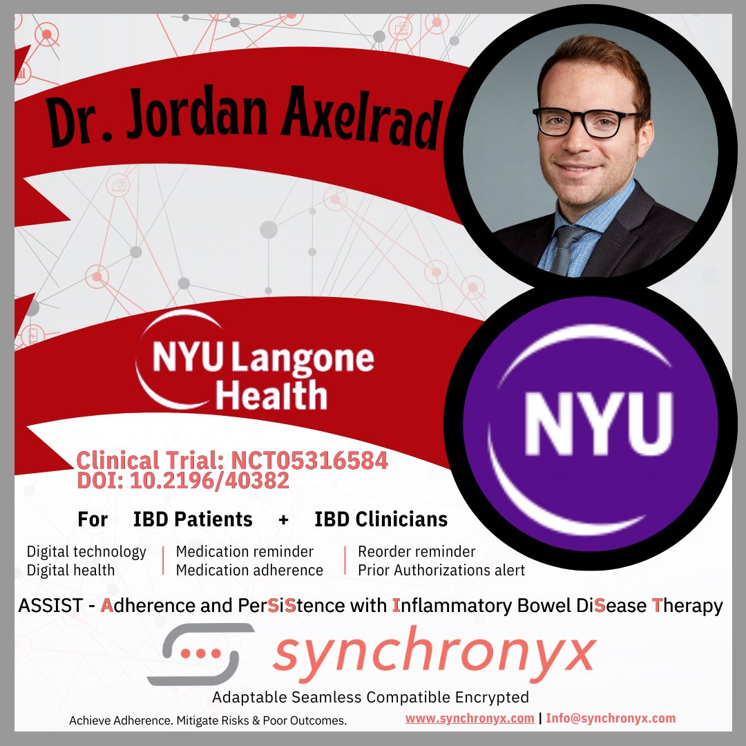 DrJordanAxelrad's tweet photo. Now enrolling #IBD patients @nyulangone in #ASSIST- a digital platform to improve medication adherence! 

Read our multi-center protocol here: https://t.co/IoWfyYfl8e; funded by the @CrohnsColitisFn 

@Marylandibddoc @IBD_Afzali @HorstIBDDoc @KDeFelice_IBD @MLongMD https://t.co/D9OQFUCoA3