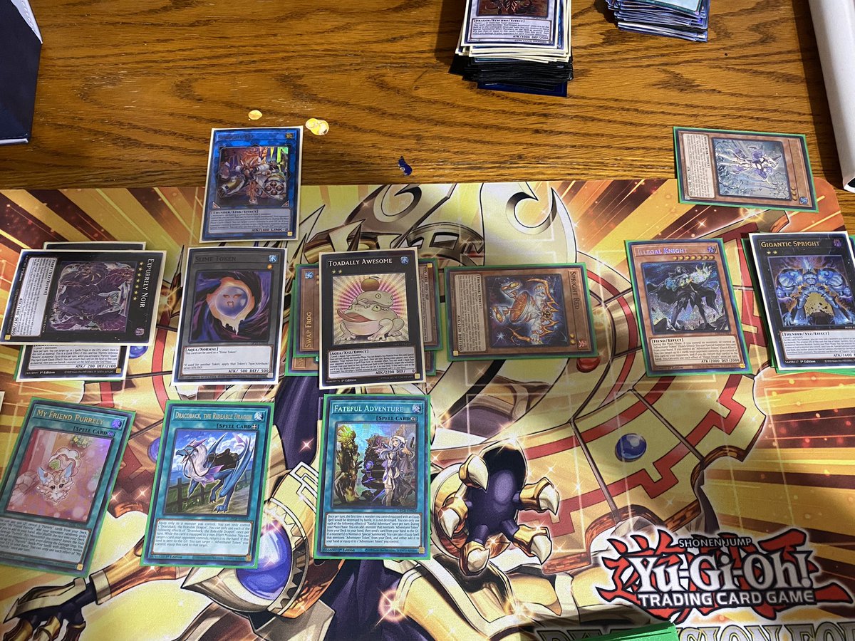 SetFivePodcast's tweet image. This was from a starting hand of 1 Purrely Quick Play, My Friend, Spright Jet and Carrot, and a water enchantress.

6 Material Noir, Toad, Elf, adventure Token with Illegal Knight, and Spright Red.

At best, collectively 3 Negates and 4 Disruptions.