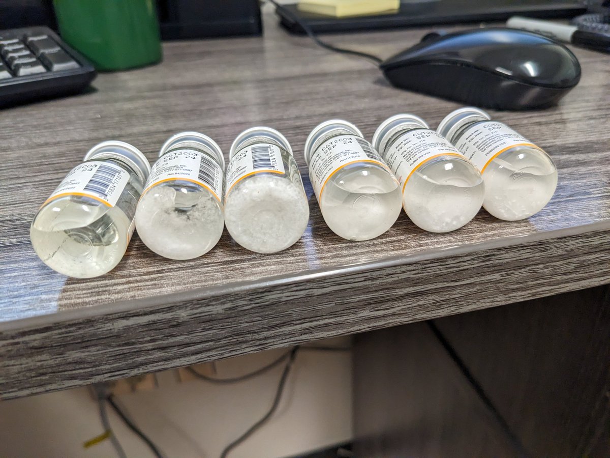 My collection of calcium gluconate vials with precipitated solution. 
#twitterx
#empharmd