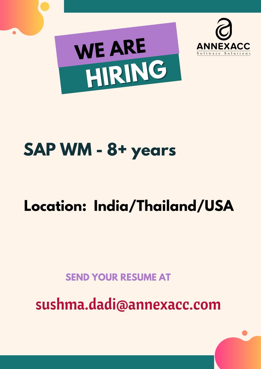 AnnexaccS's tweet image. Hiring!!!!!!

#sapjobs #immediatejoiner #sapwm #opputinities #panindia #saphana #servingnoticeperiod