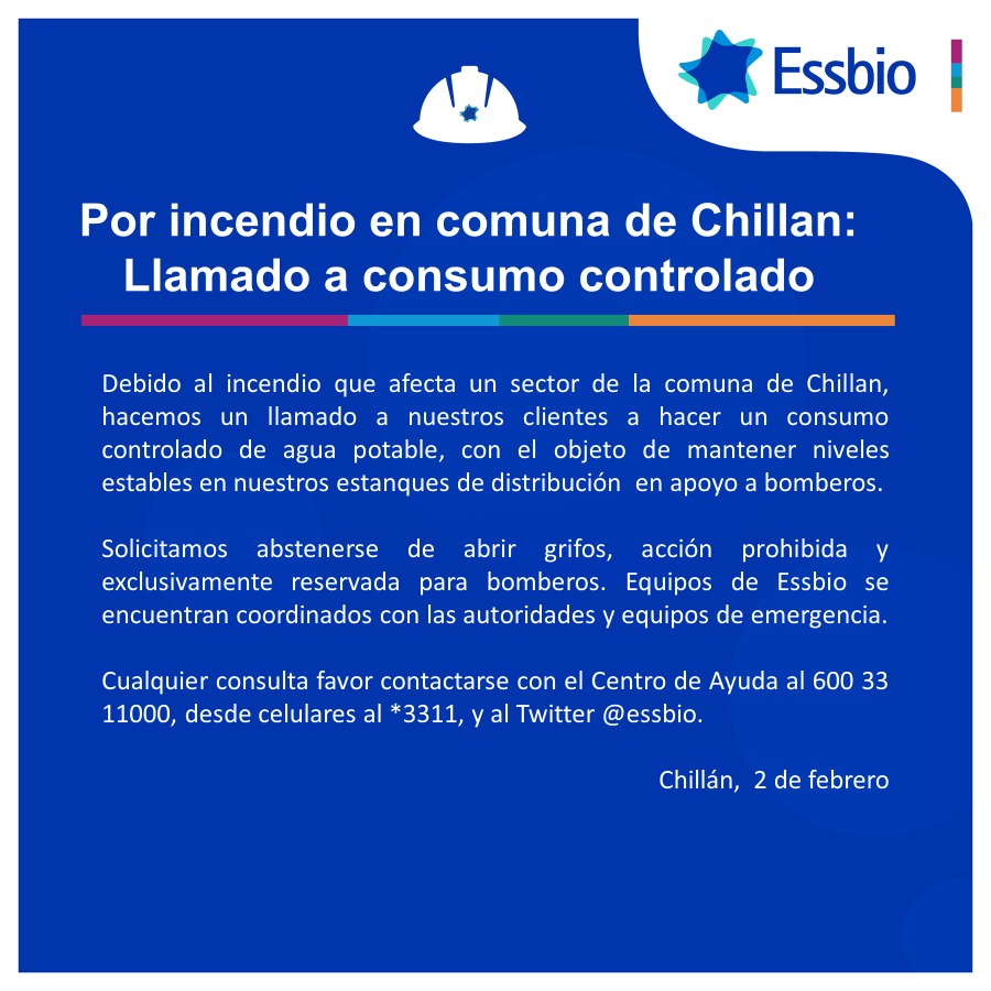 essbio's tweet photo. Por incendio que afecta un sector de Chillan, hacemos llamado a consumo controlado de agua potable y a mantenerse informados por medios oficiales. Essbio coordinado con autoridades y equipos de emergencia. https://t.co/MZ1BJEDEtG