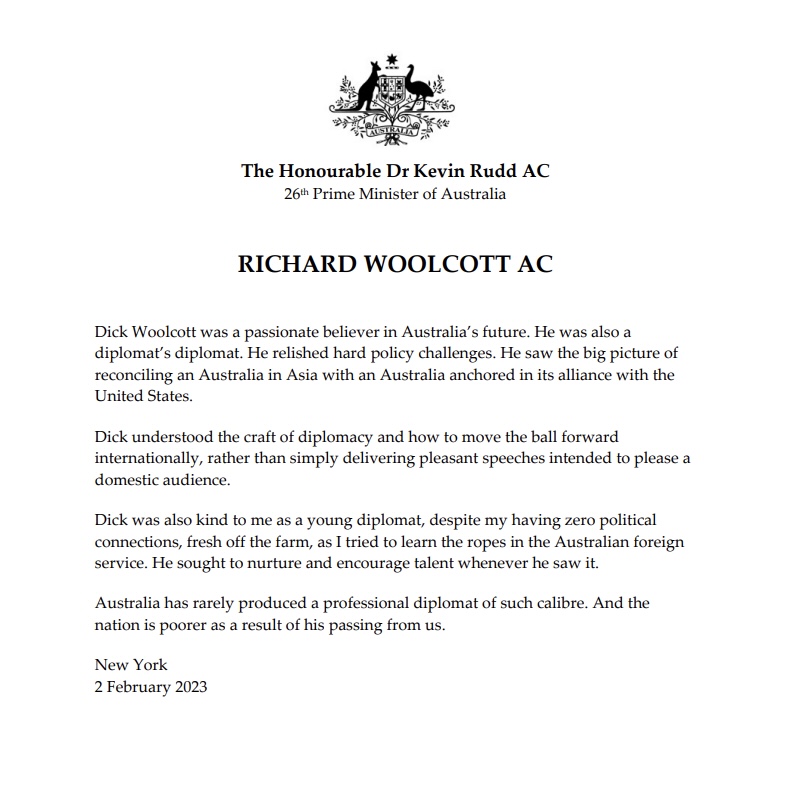 Kevin Rudd on Twitter "Farewell Dick Woolcott. A passionate believer