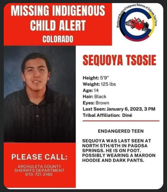 MISSING CHILD ALERT
Sequoya Tsosie
Height: 5'9'
Weight: 125lbs
Age: 14
Hair: Black
Eyes: Brown
Last seen: Jan 06, 2023 3:00PM
Colorado #MMNAMB #MMIM #MMIMB
