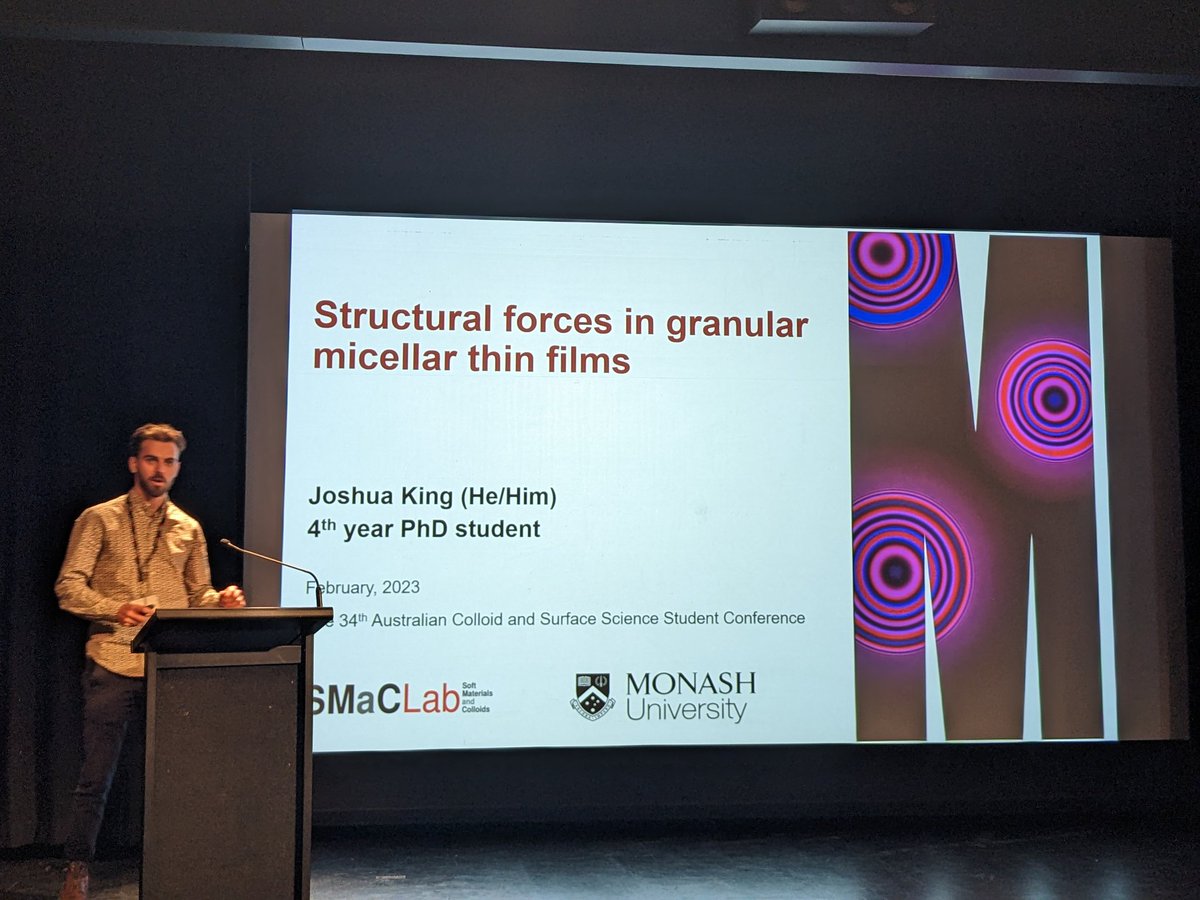 Colloids_AusNZ's tweet image. Last talk from this session - #JoshKing from @ChemistryMonash speaking about Structural Forces in Micellar Thin Films. 

👨‍🔬🧑‍🔬⚗️