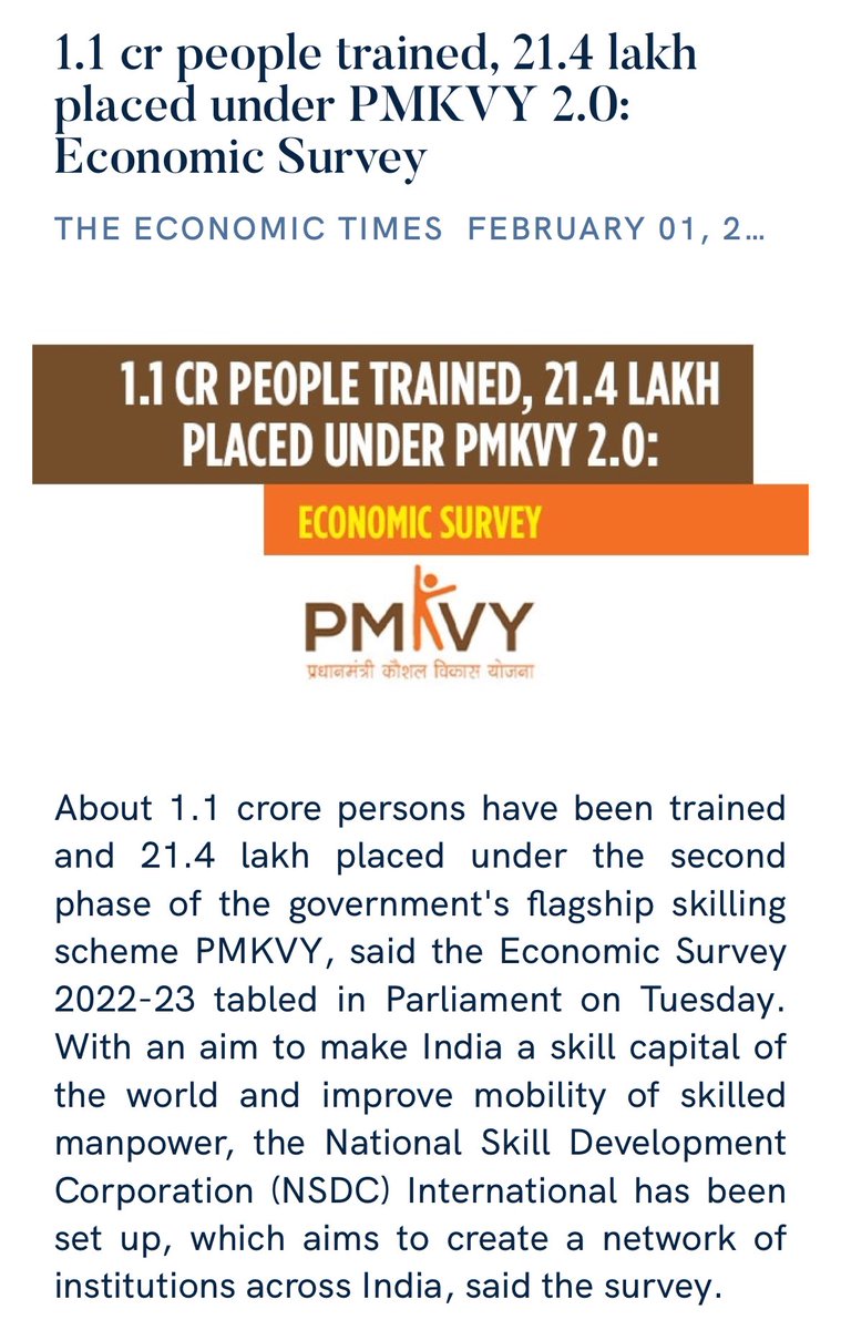 TEAMParminder's tweet photo. 1.1 cr people trained, 21.4 lakh placed under PMKVY 2.0: Economic Survey https://t.co/6DUdcdcRza