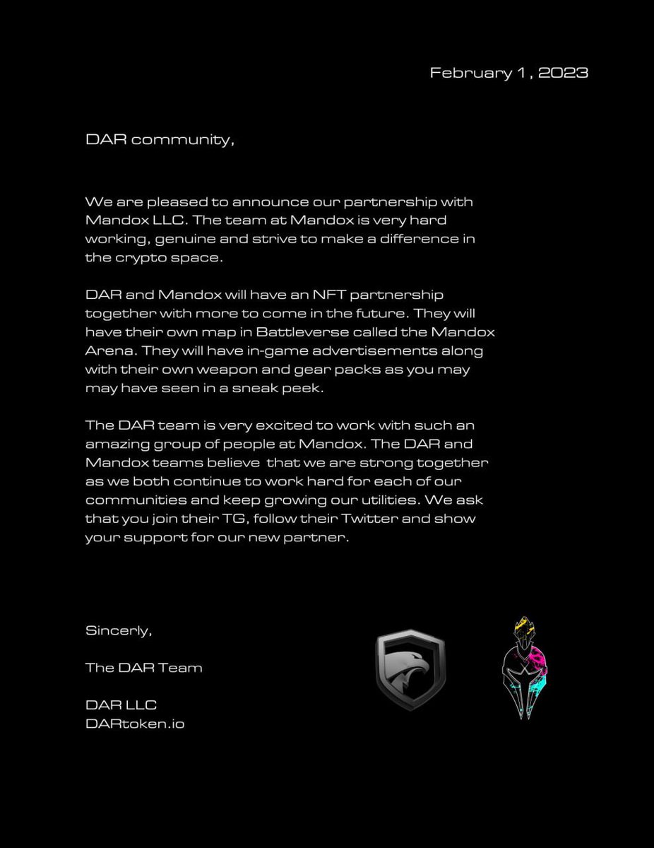 We are pleased to announce our official partnership with <a href="/OfficialMandox/">MANDOX</a> They are such great people in this space and doing their part to make crypto and this world a better place! Look forward to the future! #Crypto #DeFi #NFT #NFTCommunity #NFTdrop #NFTartist #cryptocurrency