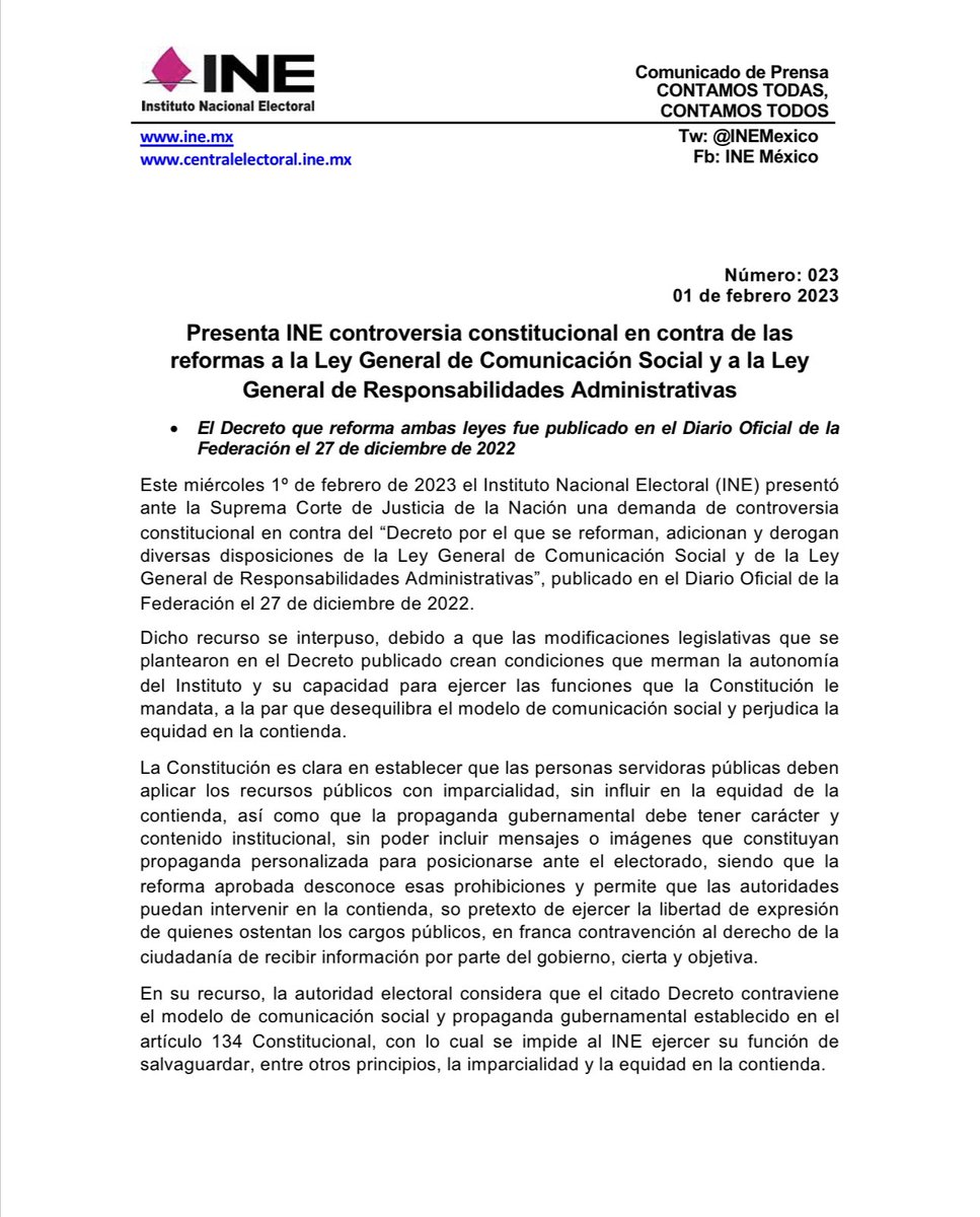 INEMexico's tweet photo. 📝 #BoletínINE | Presenta INE controversia constitucional en contra de las reformas a la Ley General de Comunicación Social y a la Ley General de Responsabilidades Administrativas. https://t.co/x0dnEVmiS8 https://t.co/RcFqHyJh72