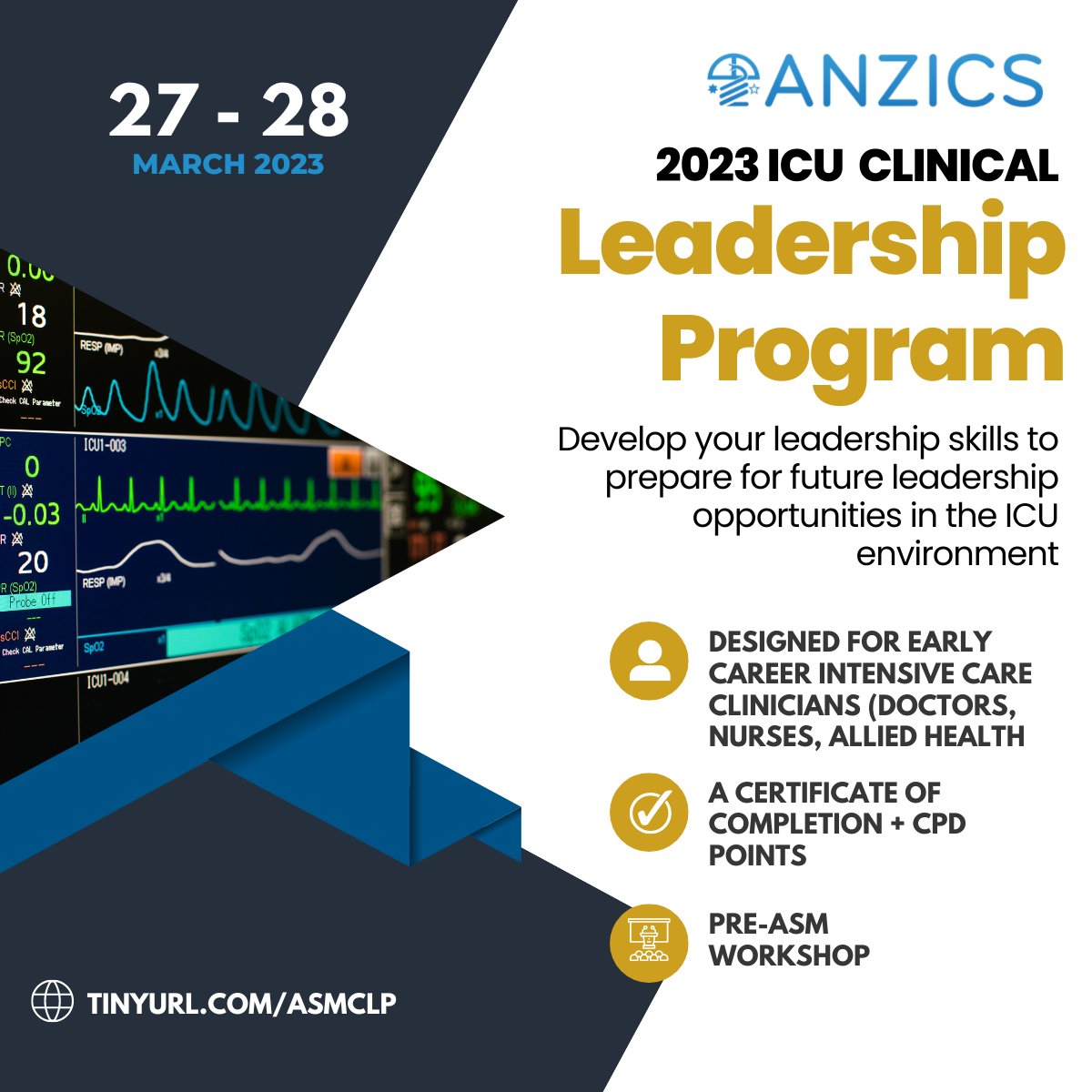 Heading to the #2023ASM this year?

Join us for a bespoke pre-ASM learning opportunity to develop leadership skills in the context of working in Intensive Care, providing a solid foundation to begin your leadership journey. 

intensivecareasm.com.au/pre-asm-worksh…