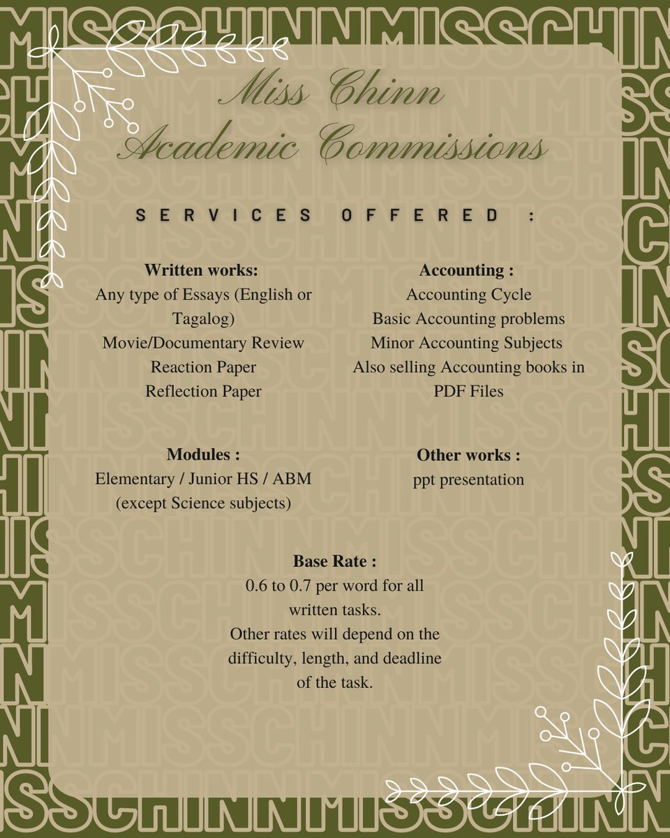 Hi there, I'm Miss Chinn, an academic commissioner. If you're having difficulties with your paperwork, don't hesitate to dm me, I'm always ready to assist you. ^_^

Check my commsheet below to know more about me and the services I'm offering. 💐🦋

lf clients