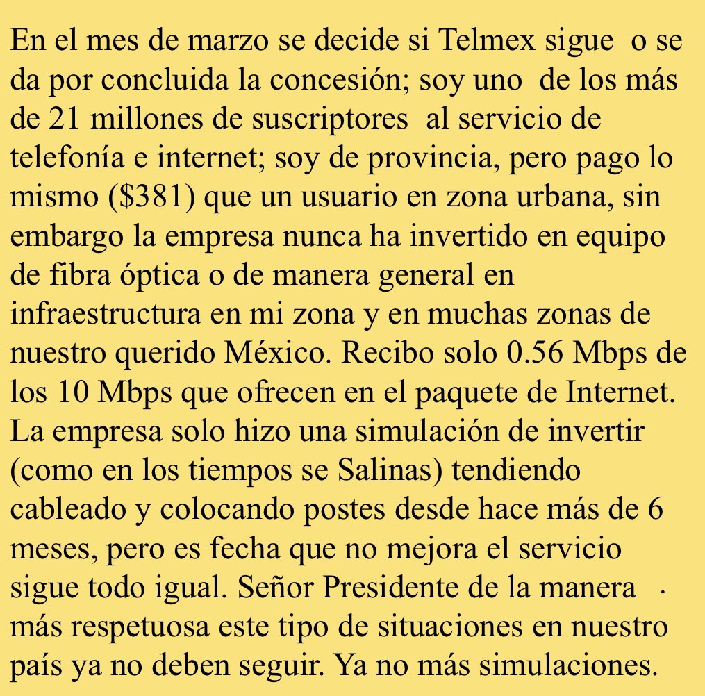 ChemaCov's tweet photo. @lopezobrador_ @Mx_Diputados @senadomexicano @SEGOB_mx @adan_augusto  En marzo se decide si Telmex sigue  o se da por concluida la concesión; soy uno  de los más de 21 millones de suscriptores y exijo se mejore la infraestructura y el servicio en las zonas rurales. https://t.co/Itej7gENHT