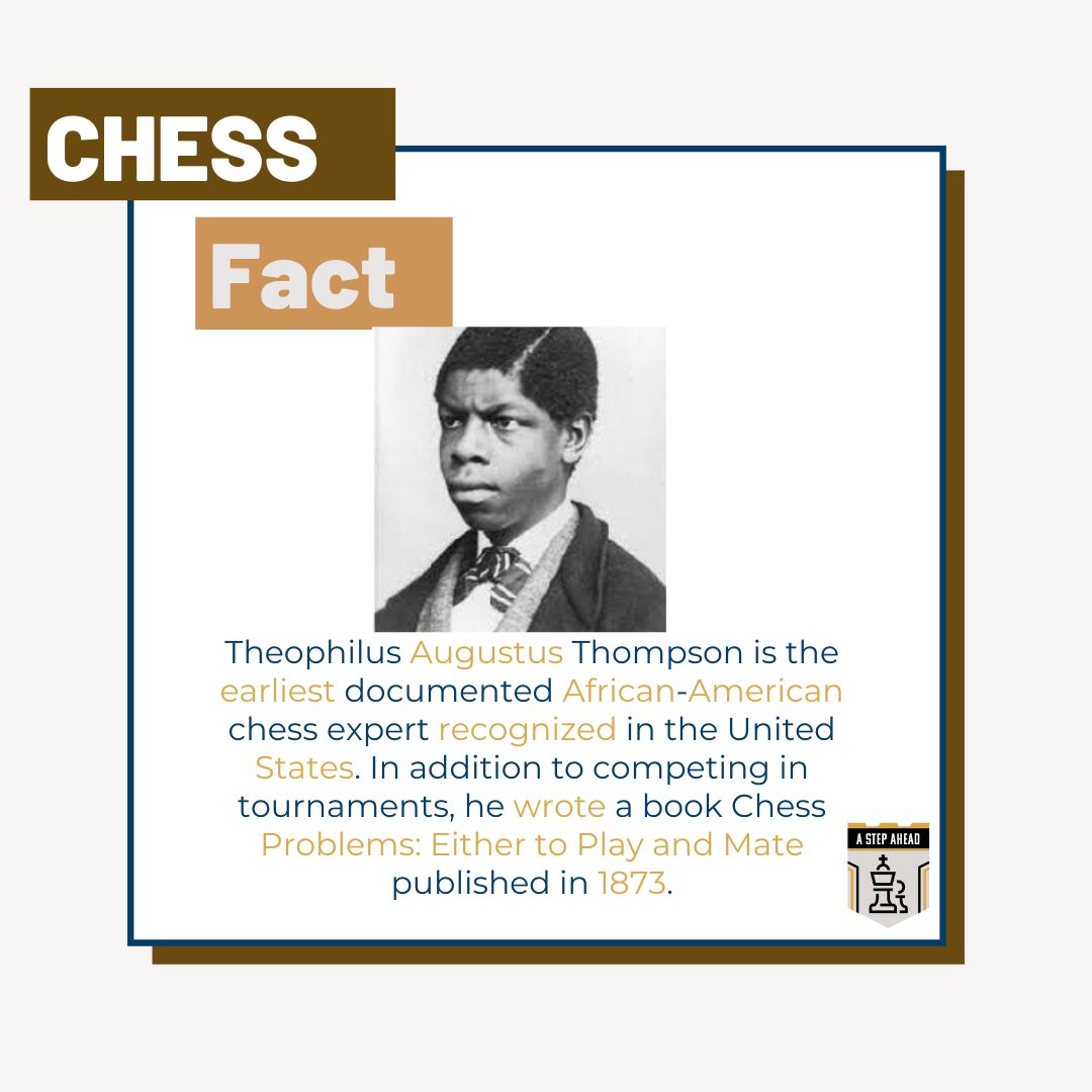 AStepAheadChess's tweet image. Happy Black History Month!😊

Historically, there have been some 40 bona fide black chess masters. The earliest is Theophilus Thompson, who put together a book of chess problems (albeit not a very good one, to the taste of bookseller Fred Wilson). Copies of the book are rare.