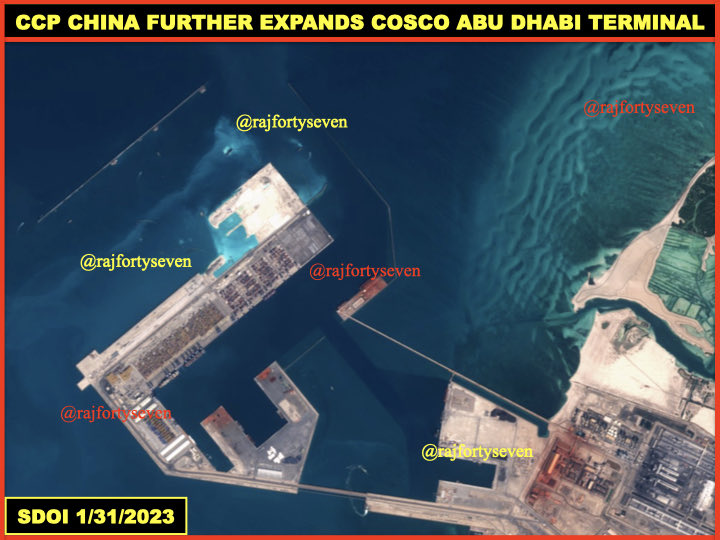 #CCP #China further expands #DualUse #COSCO #AbuDabi Terminal at #Khalifa port.
COSCO’s 1st international greenfield subsidiary,strategic hub along #PRC’s #BRI with largest #CFS in region.
Deep-water facility accommodates 20,000+ TEU mega vessels with autonomous port truck system