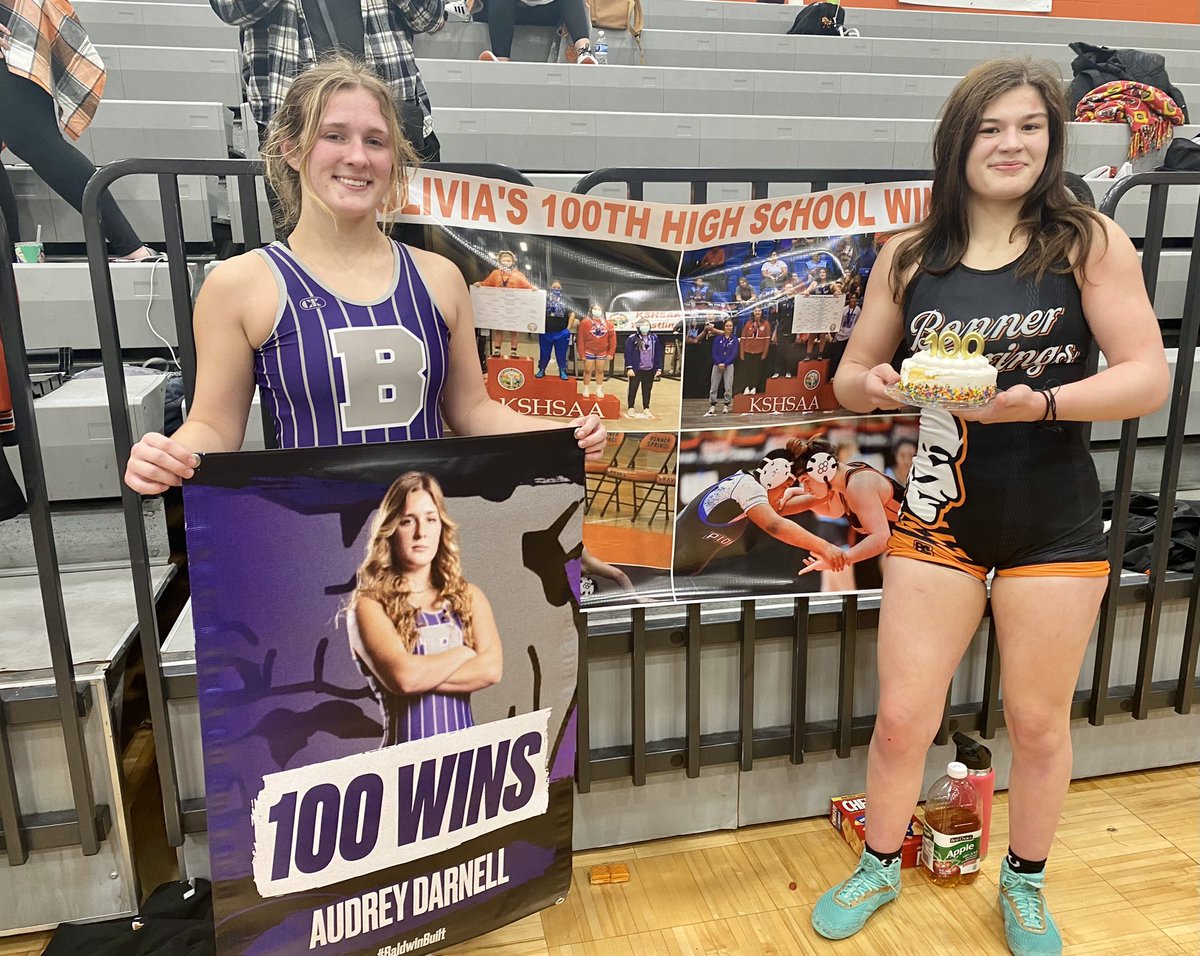 Two girls each earned their 100th win at the Frontier League Tournament at Bonner Springs tonight. Congrats to Audrey Darnell of Baldwin and Olivia Stean of Bonner Springs 👏👏👏