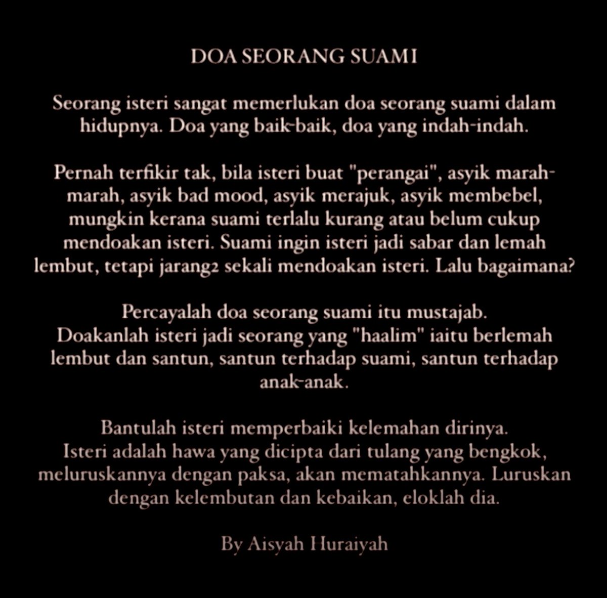 AinulNunanaa's tweet photo. Tersentuh baca posting ni. Semoga para wanita dianugerahi suami yg selalu mendoakan isterinya. Semoga Allah sentiasa menjaga &amp; merahmati hubungan halal yg terbina. Amin 🙂 https://t.co/HwsozHjA1e
