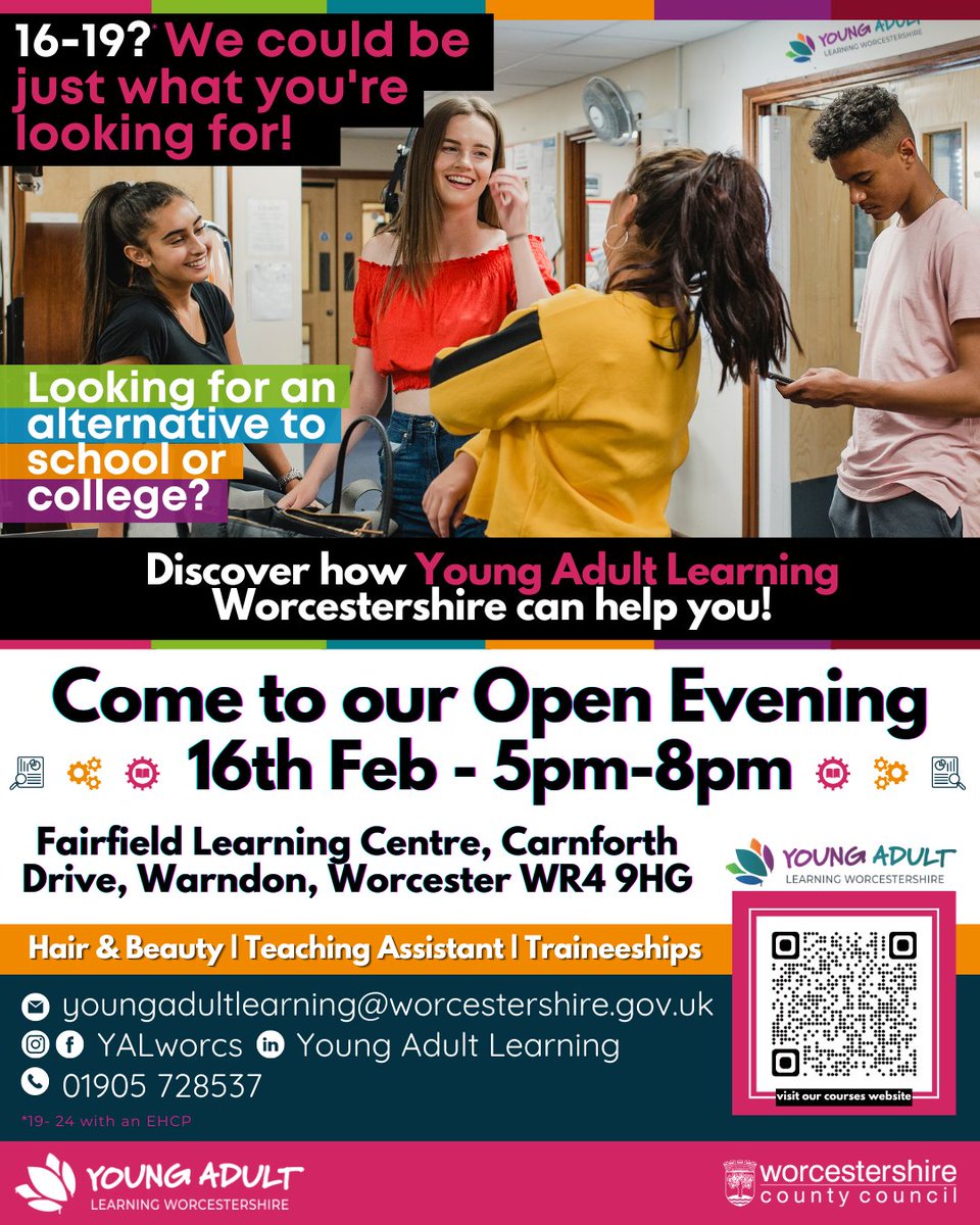 Young Adult Learning Worcestershire (@yalworcs) on Twitter photo ๐๐ผ๐บ๐ฒ ๐๐ผ ๐ผ๐๐ฟ ๐ข๐ฝ๐ฒ๐ป ๐๐๐ฒ๐ป๐ถ๐ป๐ด! Join us at Fairfield Learning Centre, Worcester on ๐ง๐ต๐๐ฟ๐ ๐ญ๐ฒ๐๐ต ๐๐ฒ๐ฏ (5-8pm) for our first Young Adult Learning open event of the year. Check out courses/traineeships we offer 16-19 year old's + meet the team! Details below๐ ๐๐ผ๐บ๐ฒ ๐๐ผ ๐ผ๐๐ฟ ๐ข๐ฝ๐ฒ๐ป ๐๐๐ฒ๐ป๐ถ๐ป๐ด! Join us at Fairfield Learning Centre, Worcester on ๐ง๐ต๐๐ฟ๐ ๐ญ๐ฒ๐๐ต ๐๐ฒ๐ฏ (5-8pm) for our first Young Adult Learning open event of the year. Check out courses/traineeships we offer 16-19 year old's + meet the team! Details below๐