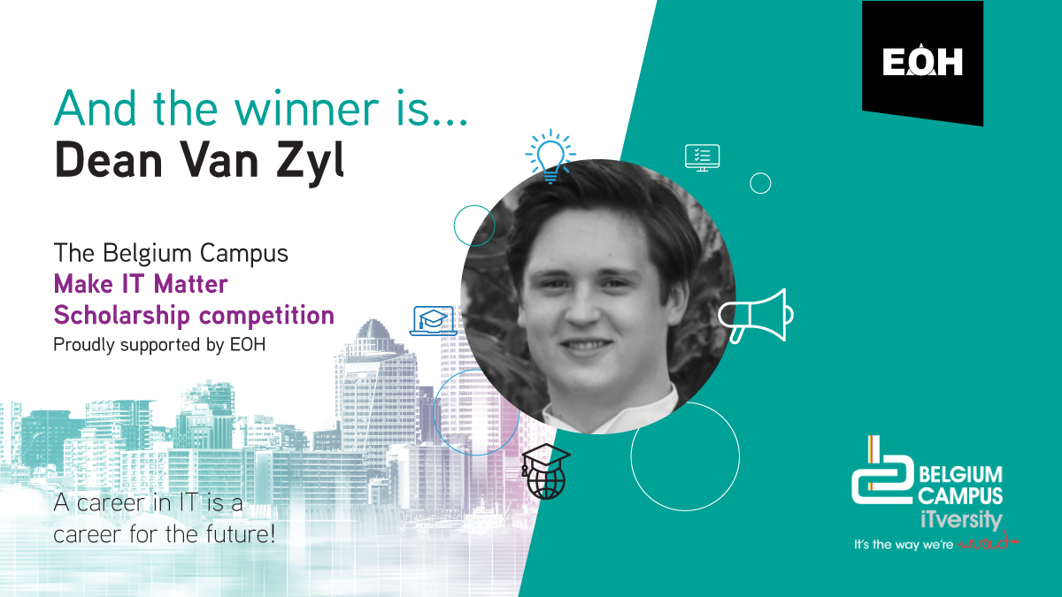 The winner of the <a href="/Belgium/">Belgium</a> Campus Make IT Matter Scholarship Competition, supported by EOH, is Dean van Zyl. Congrats on your excellent gamification project Dean and good luck with your studies!  
#proudlyEOH #makeitmatter 
bit.ly/3wOXlPu