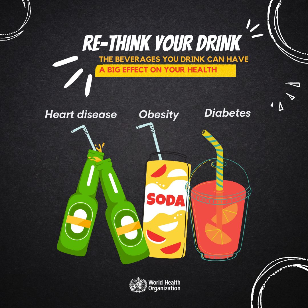 Consuming sugar-sweetened beverages like soda &amp; energy drinks can be linked to:

❤️‍🩹 Heart disease
❤️‍🩹 Stroke
❤️‍🩹 Diabetes
❤️‍🩹 Obesity 
❤️‍🩹 Teeth cavities

It’s time to rethink your drink!

#BeatNCDs