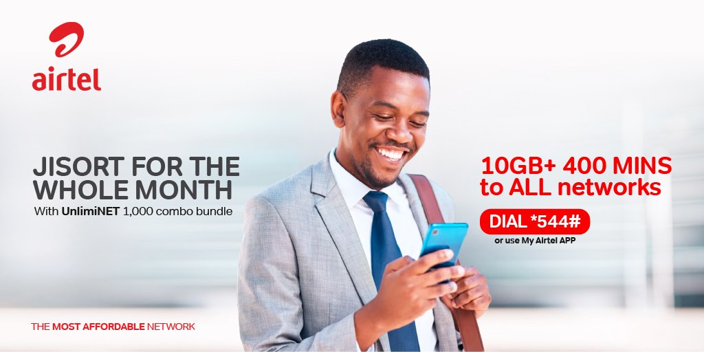 AIRTEL_KE's tweet photo. FINANCIAL HACK: Get #UnlimiNET 1,000 monthly and enjoy 10GB, 2,000SMS plus 400 Minutes to all networks. Dial *544# to get started or use My Airtel App https://t.co/i2AH1iWJuS #DataIsLife #Airtel4G https://t.co/mzMLLYKR2Z