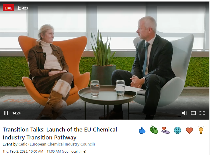 Cefic's tweet photo. Excellent discussion with @JornaKerstin & #cefic DG Marco Mensink now live on LinkedIn 🔴 https://t.co/lPfoYJFBy4
#TransitionPathway #IndustryInTransition @EU_Growth https://t.co/0KBv4cgIgn