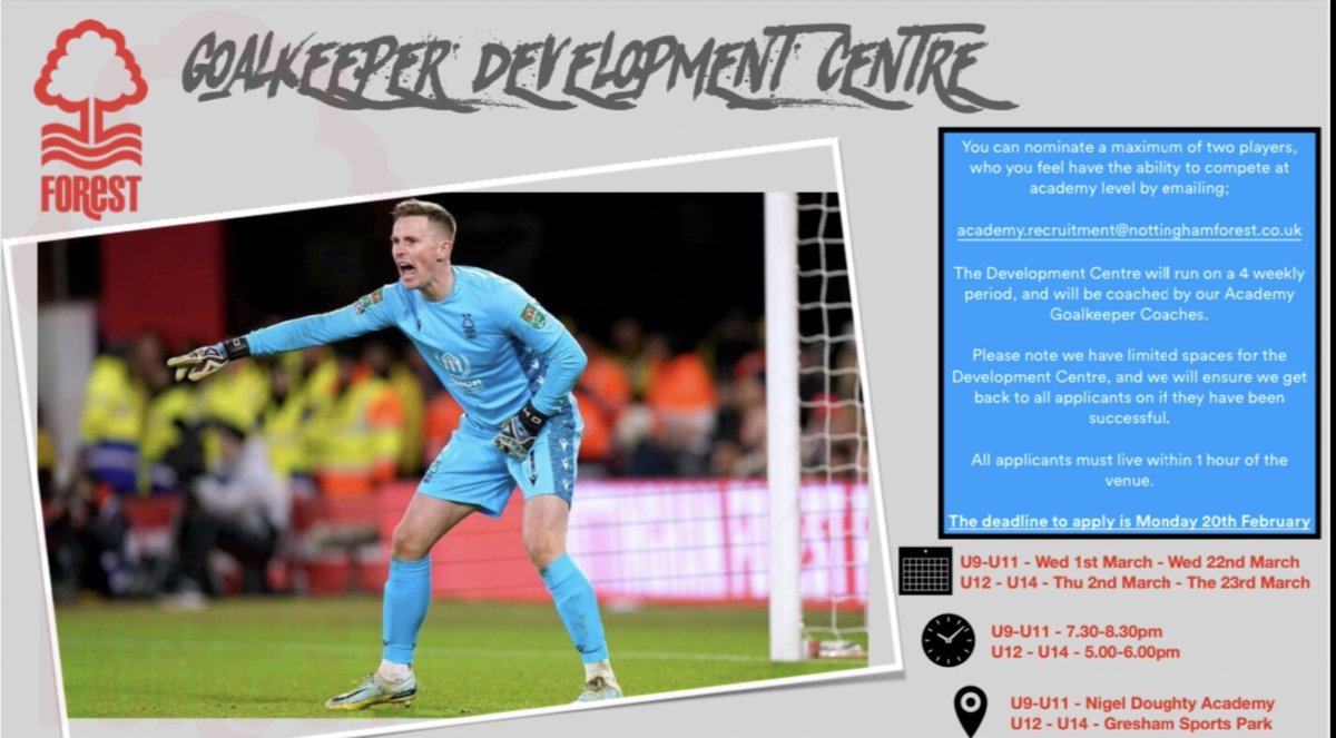 🧤 NOTTINGHAM FOREST FC GOALKEEPER DEVELOPMENT CENTRE 🧤 March Sessions - Details below on how to apply!