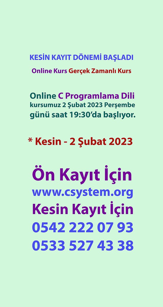csdernek's tweet photo. #OnlineKurs #GerçekZamanlıKurs #C #CprogramlamaDili #BUGÜN #Başlıyor #KESİN #2Şubat2023 #200Saat #CSD
160+ kesin kayıt yapıldı, ön kayıt formu açık şu anda. Kursumuza göstermiş olduğunuz yoğun ilgi için teşekkür ederiz. 👍🙂
#ÖnKayıt
https://t.co/L88PYeuYX3 https://t.co/vAdaoWHz9E
