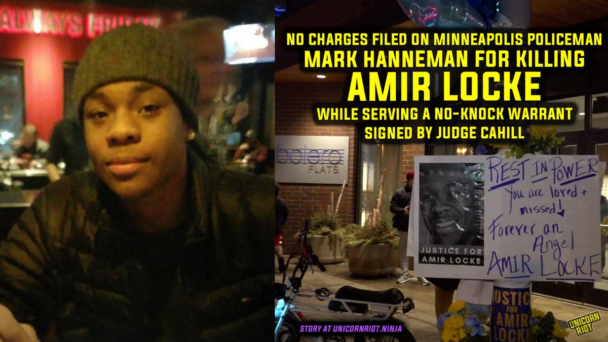 UR_Ninja's tweet photo. Amir Locke, 22, was killed by Minneapolis Police officer Mark Hanneman last year on this day, Feb. 2.

Hanneman was part of a SWAT unit serving a pre-dawn no-knock warrant (which wasn't for Locke).

Last April the prejudicial killing was sanctioned by prosecutors. #OnThisDate https://t.co/rOSdWI3usv