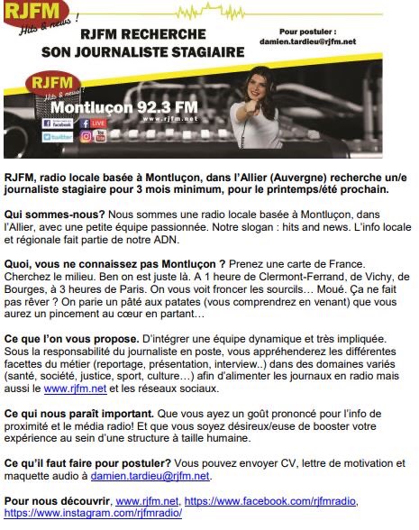 Offre de #stage journaliste radio en #Auvergne !
RT appréciés ;)