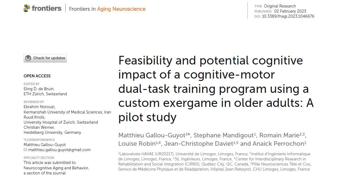 🔊 New article from the lab published in Frontiers in Aging Neuroscience. Feasibility and potential cognitive impact of a cognitive-motor dual-task training program using a custom exergame in older adults: A pilot study.
💡 Find it at the following link:
frontiersin.org/articles/10.33…