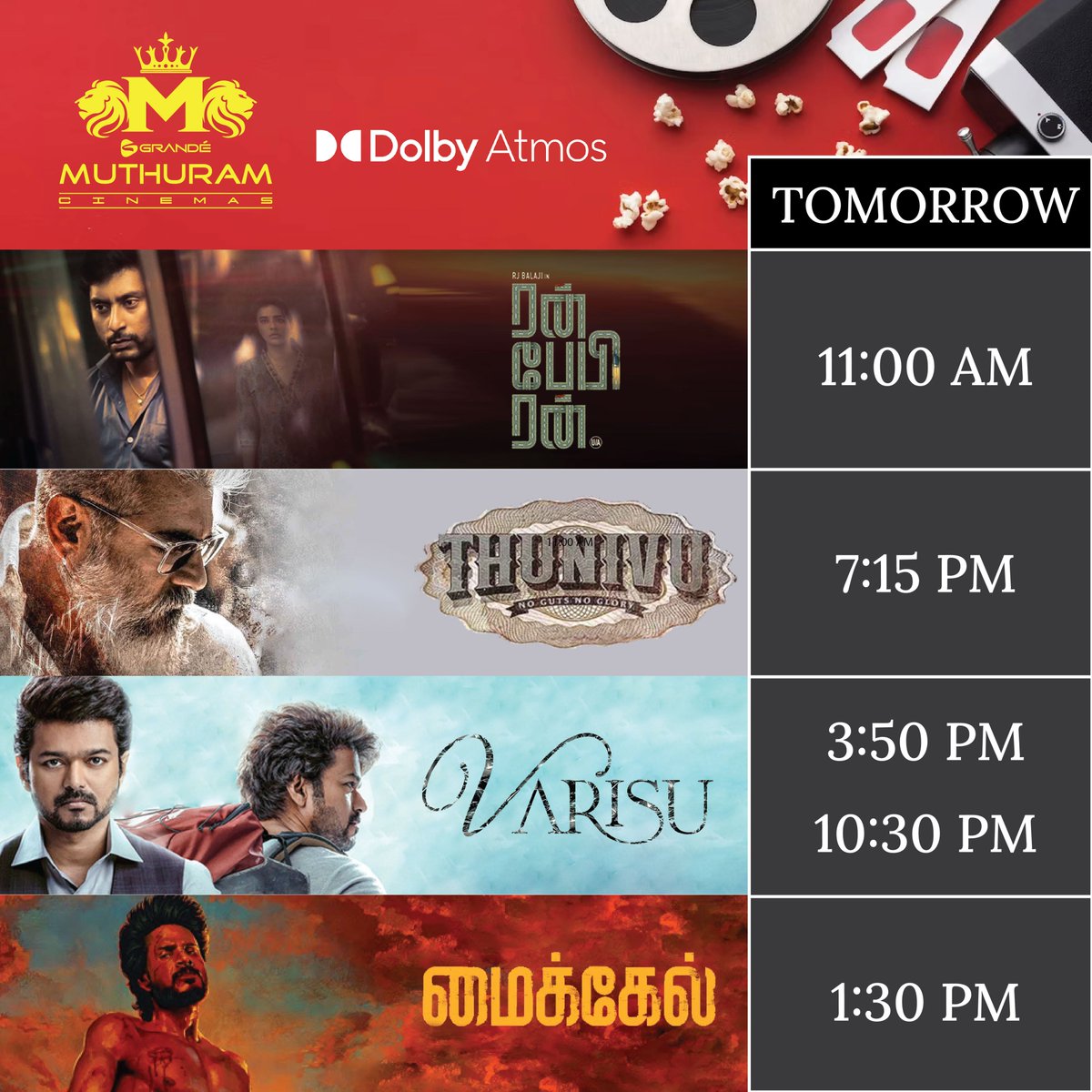 Book your tickets now  : bit.ly/3DyEz2H 

 #grandemuthuramcinemas #nellaitheatre #tirunelveli #movietheatre #runbabyrun #varisu #thunivu #micheal #weekendmovies #tamilmoives 

🔥🔥