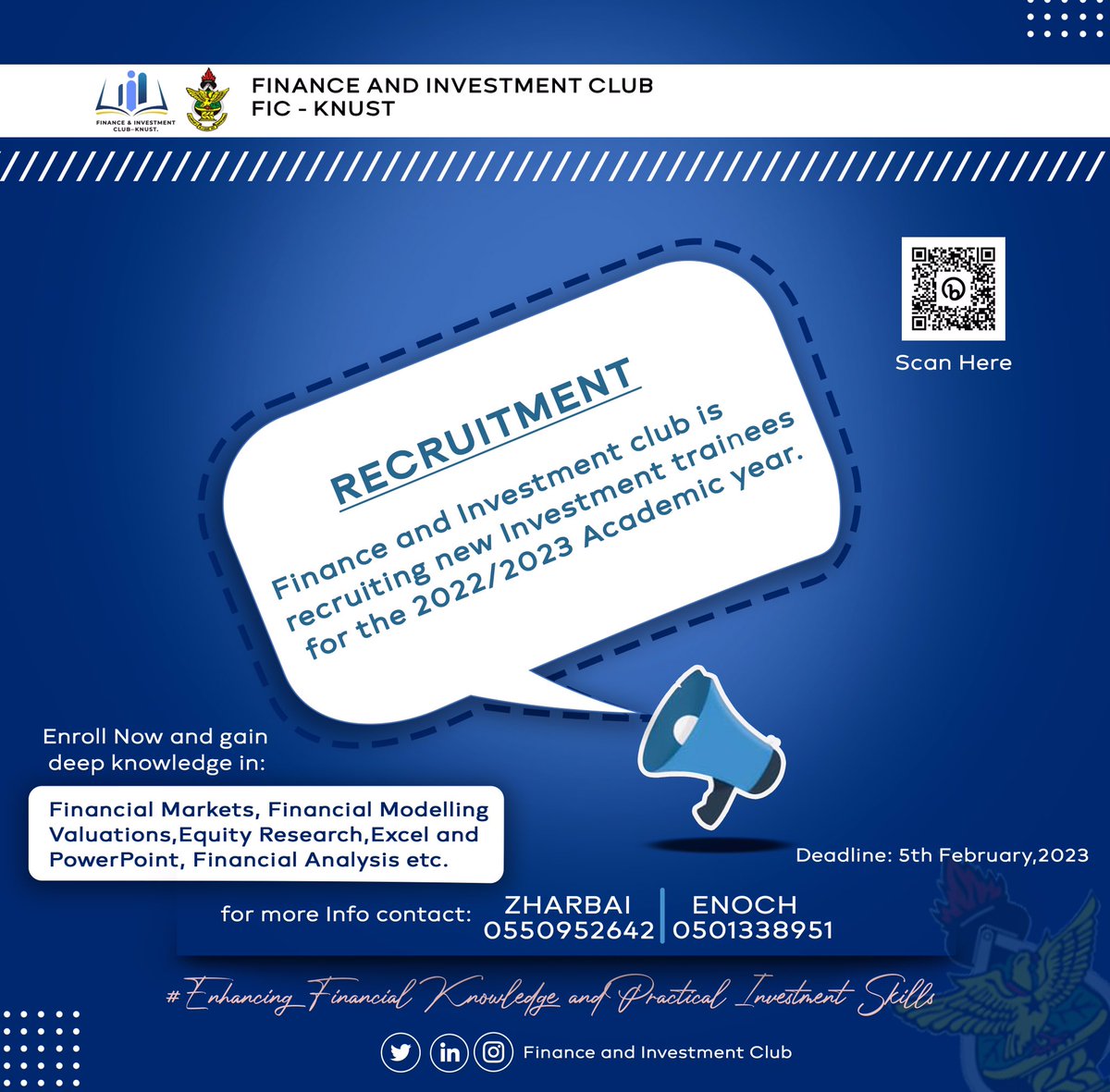 The Finance and Investment Club-KNUST wishes to inform the General Public of its vacancy.  
*The Available Position* 
Investment Trainee
*Eligibility* 
Must be a student of Kwame Nkrumah University of Science and Technology Apply here:bit.ly/FIC-KNUSTRecru…