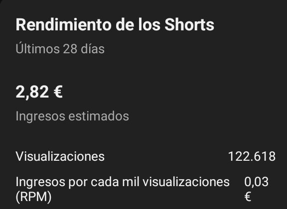 A partir de ahora los #shorts de <a href="/YouTube/">YouTube</a> monetizan con anuncios, tengo ganas de ver cuánto generan. Actualmente mi RPM de shorts es 0,03€😅🤣 (sin subir vídeos)