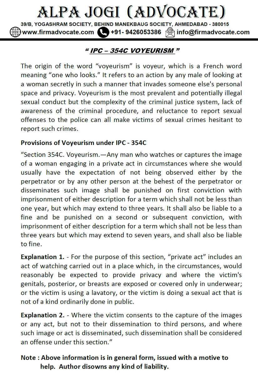 advocate_alpa's tweet photo. Visit us on https://t.co/iaJ5S0eUpV
SECTION 354C OF IPC: VOYEURISM #advocatealpajogi #legalarticles #Ahmedabadadvocate #Ahmedabadlawyer #womenadvocate #womenlawyer #ipc354c #voyeurism #womenlaws #lawforowmen #SayNOtoVoyeurism https://t.co/XEqlrYvTQU