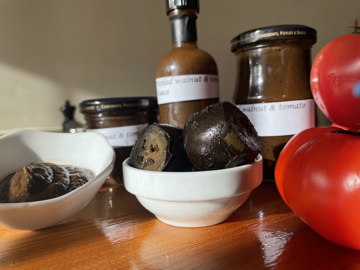 Pickled walnut and tomato ketchup
Heat half a jar of pickled walnuts - crushed - with their juice with a 400g tin of chopped tomatoes. Reduce juice - liquidise and sieve. Adjust with a little sugar, salt and vinegar. Bottle hot and seal. For cold/hot meat, fish, cheese, veggies.