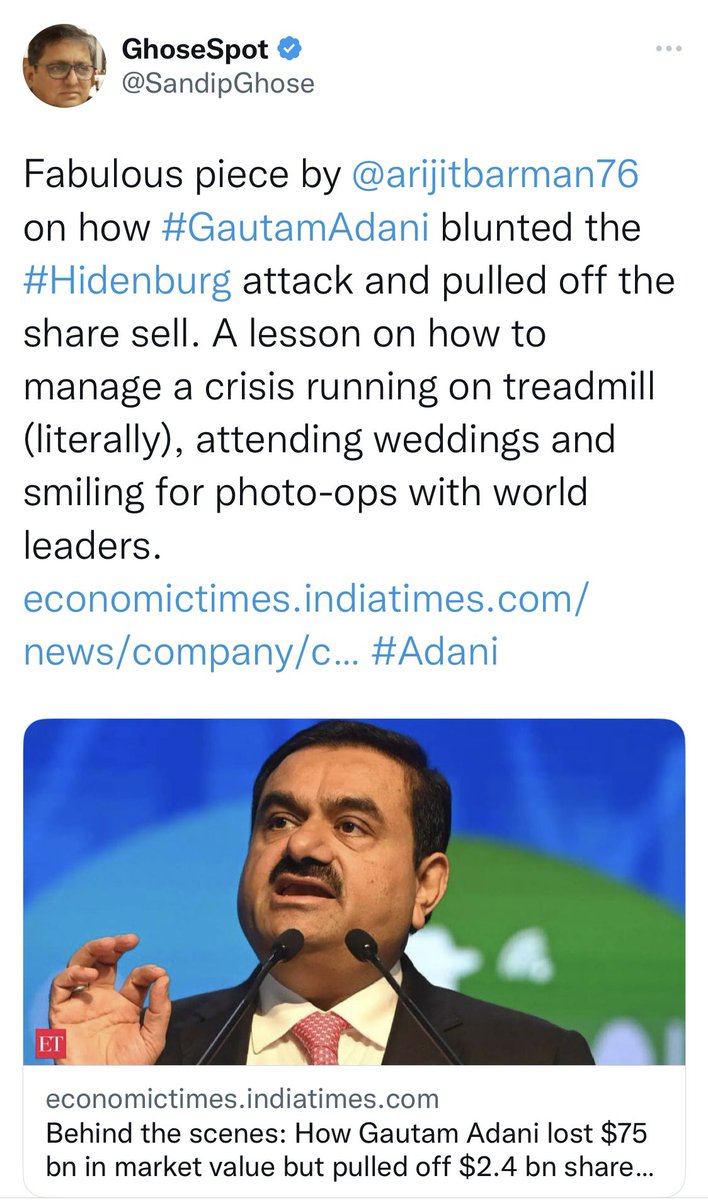 GarvSeSecular's tweet photo. Wah, @SandipGhose babu, great spin! All in 15 hours.
#AdaniFPOFullySubscribed : Masterstroke!
#AdaniFPOCalledOff : Masterstroke! https://t.co/HzkwYgUwoU