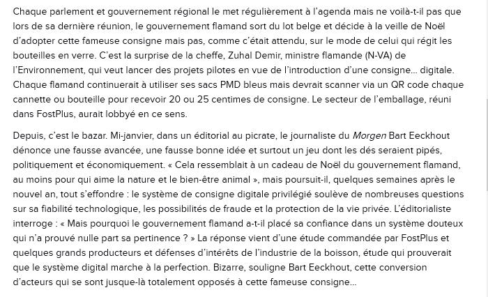 Analyse pertinente de <a href="/Beadelvaux/">Béatrice Delvaux</a>. Chaque Belge sait comment récuperer sa #consigne pour ses bouteilles en verre au supermarché. Mais l’idée d’une consigne "digitale", ça tourne vite au bazar

lesoir.be/492605/article… #statiegeld