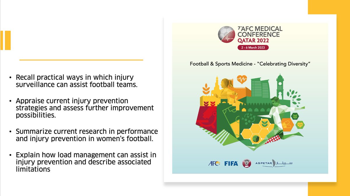 Aspetar سبيتار (@aspetar) on Twitter photo 7th AFC Medical Conference Qatar...
Research in Football: Quo Vadis?
🗣️:
- Dr Andrew Massey.
- Dr Andreas Serner.
- Dr Margo Mountjoy. <a href="/margomountjoy/">margo mountjoy</a>
- Dr George T. Chiampas.
- Dr Yacine Zerguini. <a href="/YZerguini/">Dr Yacine Zerguini, Football Med & Sport Trauma</a>
- Dr George Nassis.
🔗 Registration👉 aspetar.com/en/professiona… 7th AFC Medical Conference Qatar...
Research in Football: Quo Vadis?
🗣️:
- Dr Andrew Massey.
- Dr Andreas Serner.
- Dr Margo Mountjoy. <a href="/margomountjoy/">margo mountjoy</a>
- Dr George T. Chiampas.
- Dr Yacine Zerguini. <a href="/YZerguini/">Dr Yacine Zerguini, Football Med & Sport Trauma</a>
- Dr George Nassis.
🔗 Registration👉 aspetar.com/en/professiona…